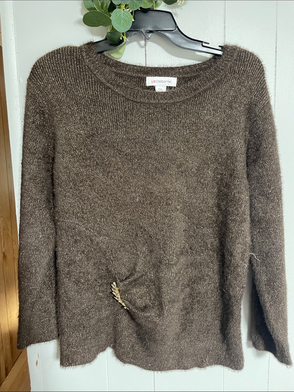 Liz Claiborne Chocolate Brown Fuzzy Crewneck Sweater